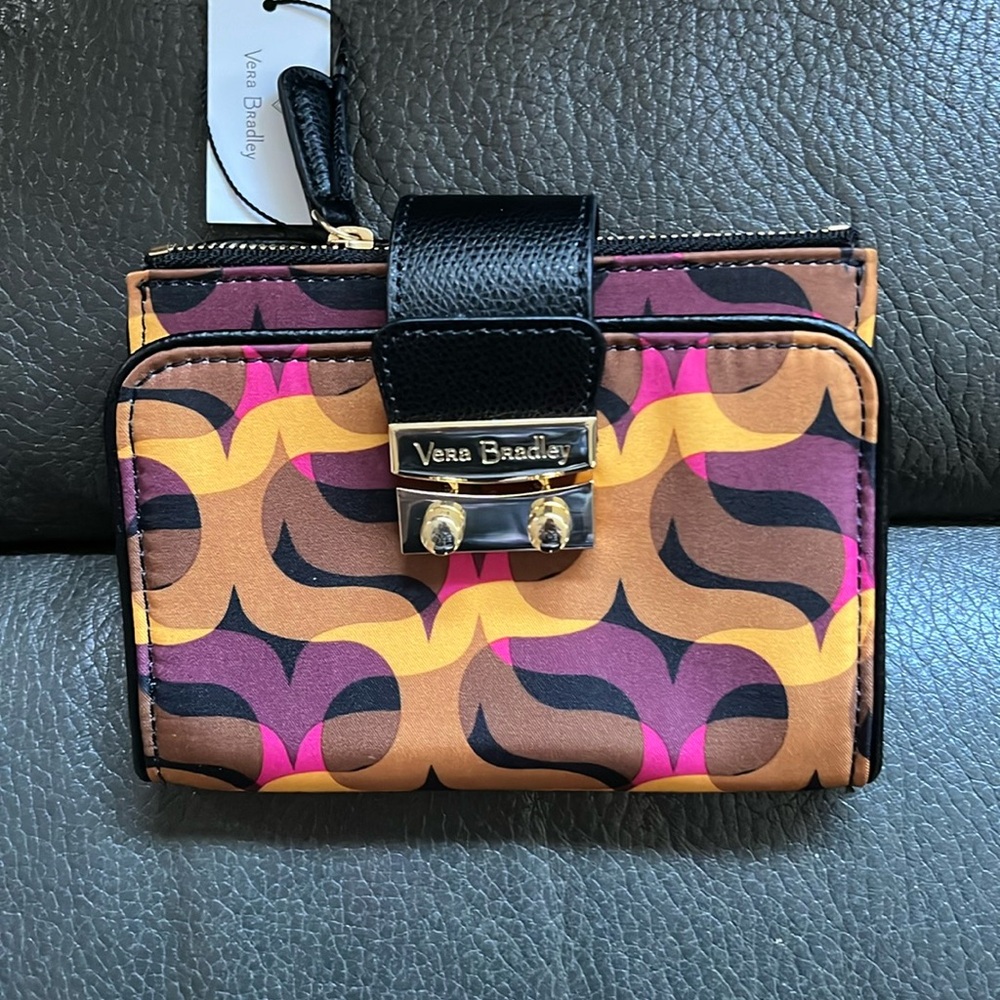 Vera Bradley Pushlock wallet in modern lights with black leather trim